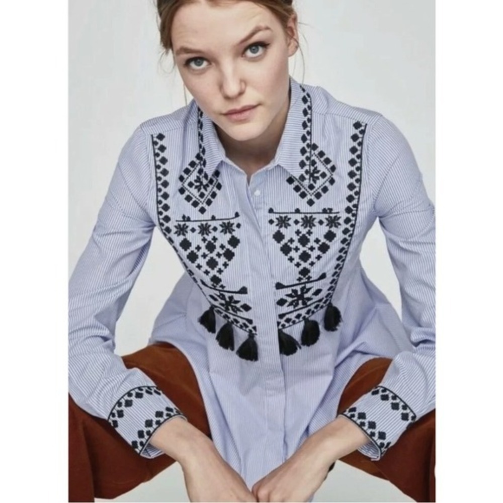 2/$30 Zara Oxford Blue White Stripe Embroidred Tassel Peplum Top Small - Picture 3 of 5